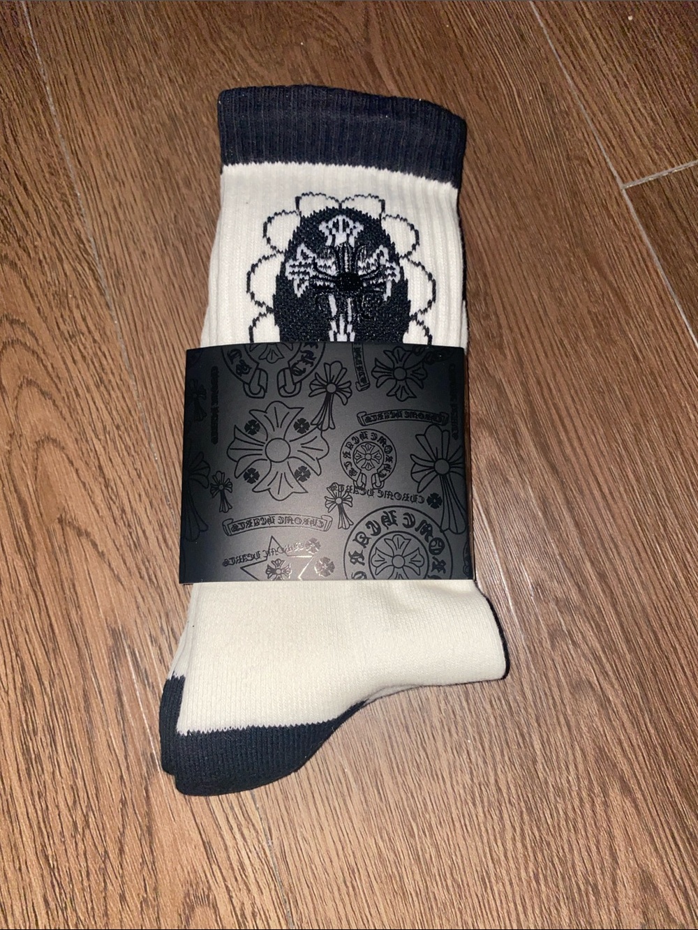 Chrome Hearts Cream and Black Crew Socks with Signature Motif